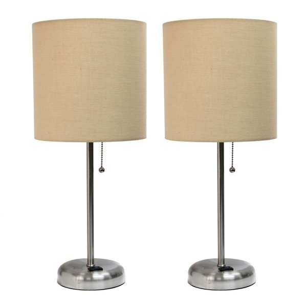 Limelights Brushed Steel Stick Lamp with Charging Outlet and Fabric Shade 2 Pack Set&amp;#44; Tan LC2001-TAN-2PK